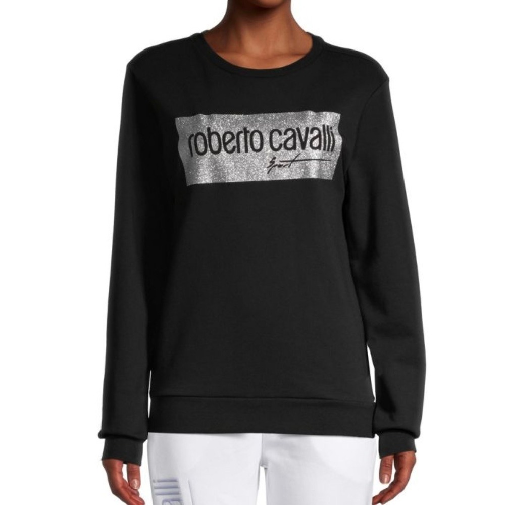 Roberto Cavalli Sport Metallic Logo Pullover Crew Neck Black Sweatshirt- XS‎
